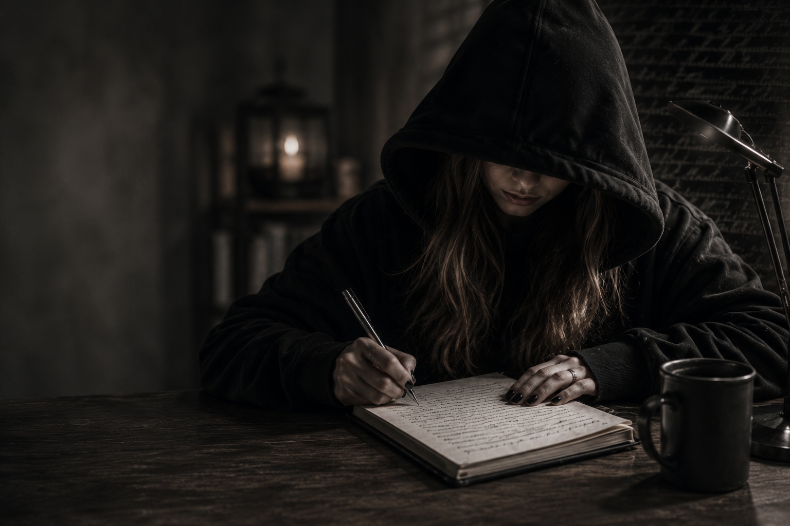 Aska escribiendo en un cuaderno, con capucha, a la luz de una lámpara