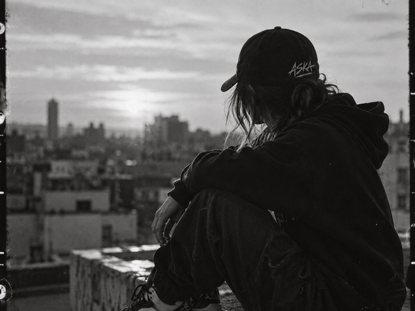 ASKA con gorra negra y sudadera, sentada sobre una azotea de espaldas a la ciudad, en blanco y negro