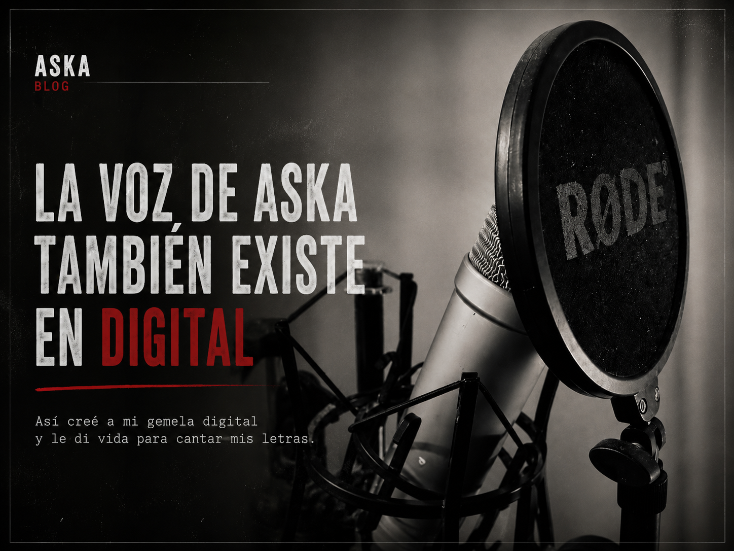 Micrófono de estudio con filtro antipop en blanco y negro, con el rótulo ASKA Blog