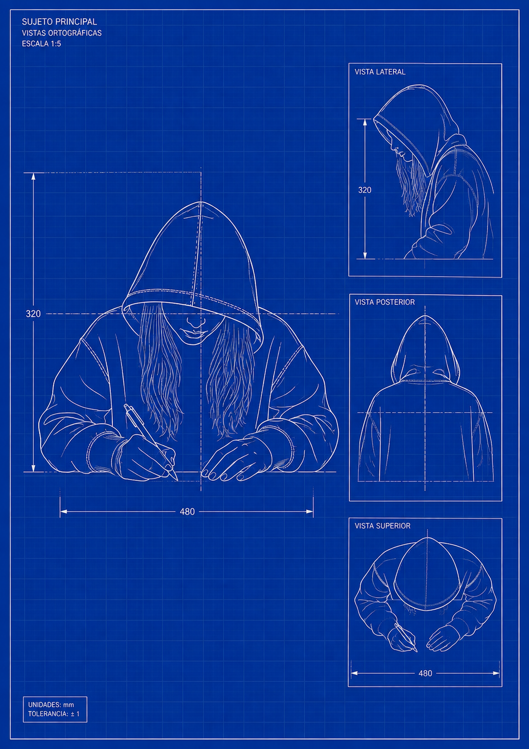 Plano técnico en azul con vistas ortográficas de una figura encapuchada escribiendo